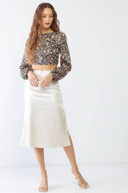 Black & Peach Floral Print Long Sleeve Criss-Cross Open Back Crop Top /1-2-2