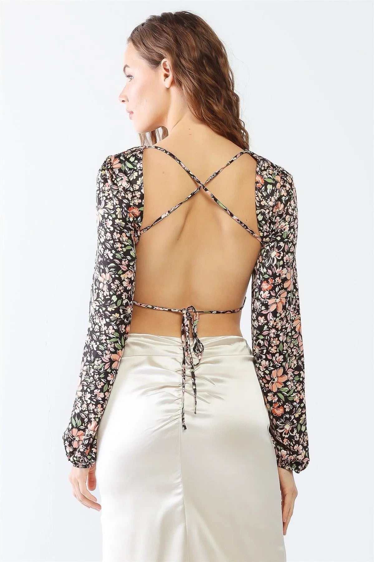Black & Peach Floral Print Long Sleeve Criss-Cross Open Back Crop Top /1-2-2