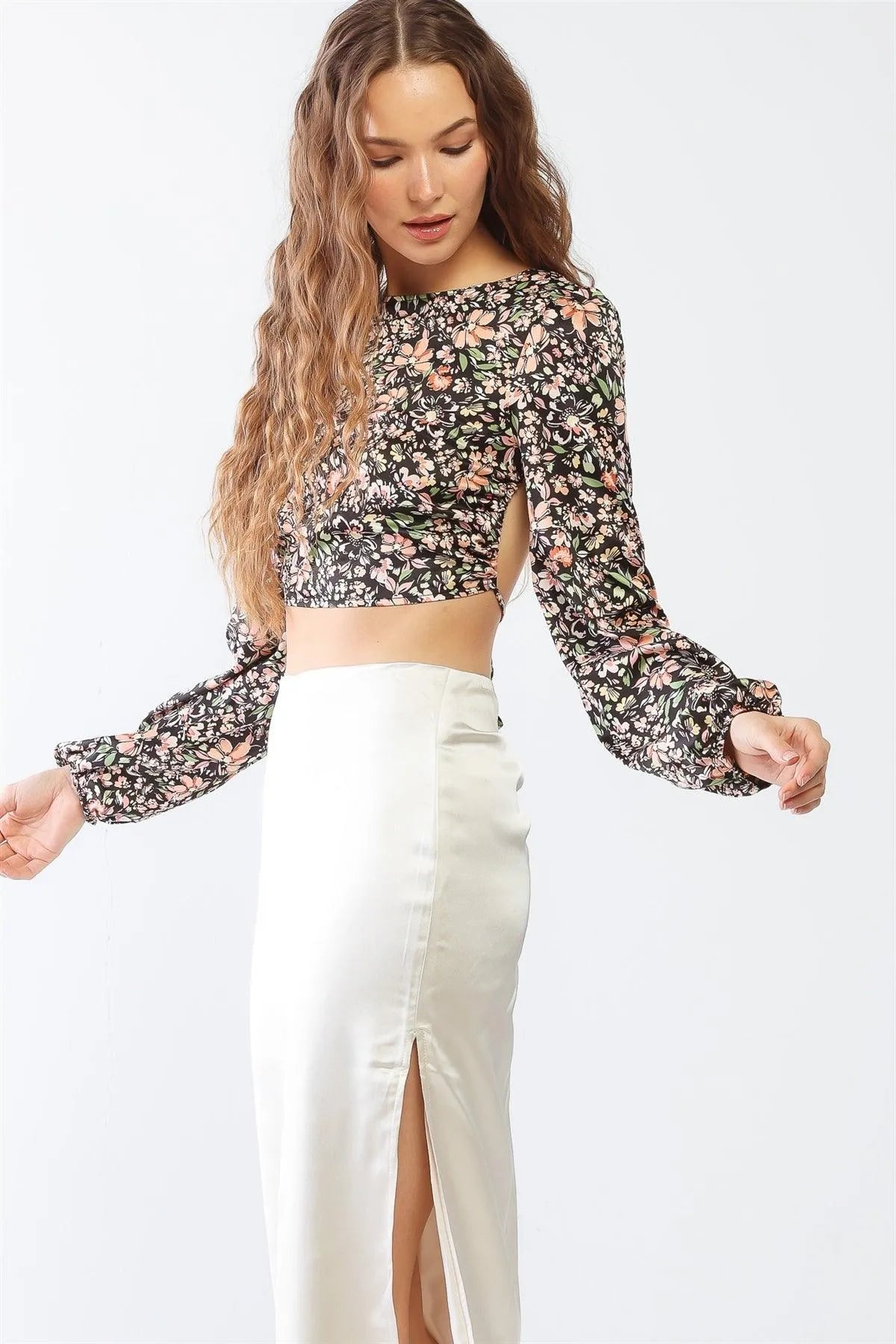 Black & Peach Floral Print Long Sleeve Criss-Cross Open Back Crop Top /1-2-2