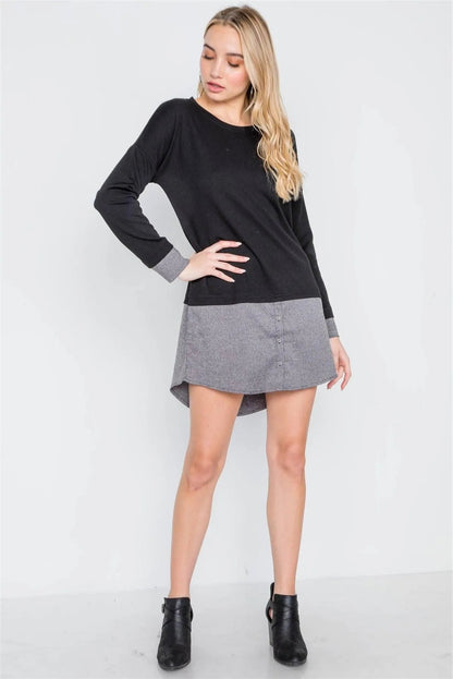 Black Knit Combo Long Sleeve Sweater Dress /1-3-2