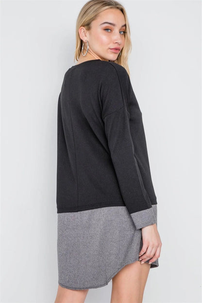 Black Knit Combo Long Sleeve Sweater Dress /1-3-2