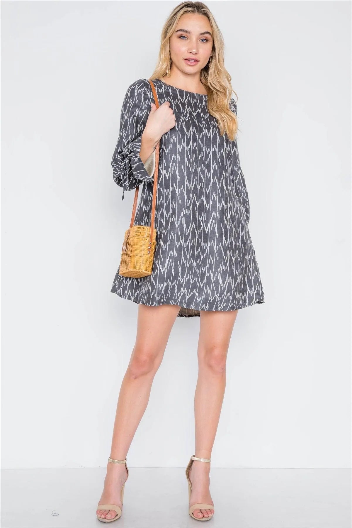Black Charcoal Long Sleeve Abstract Print Dress /1-1-1