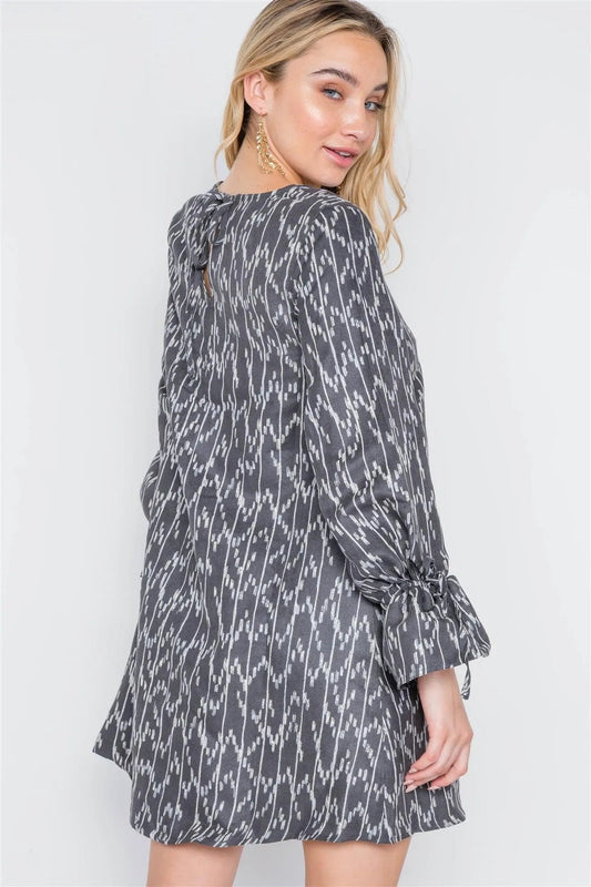 Black Charcoal Long Sleeve Abstract Print Dress /2-2-2