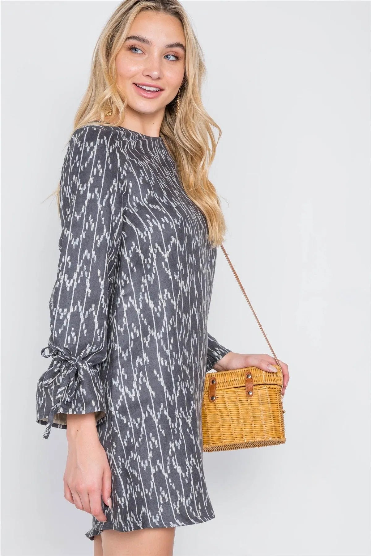 Black Charcoal Long Sleeve Abstract Print Dress /2-2-2