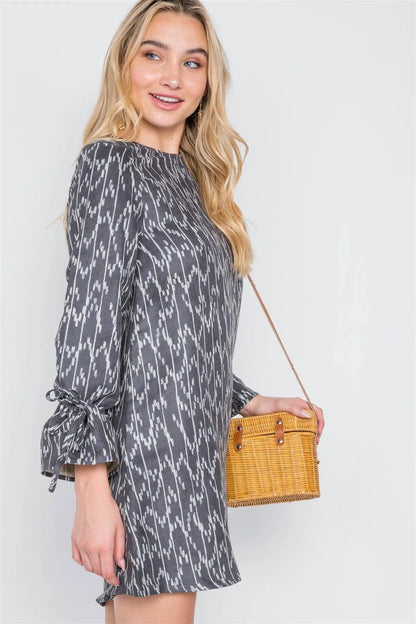 Black Charcoal Long Sleeve Abstract Print Dress /2-2-2