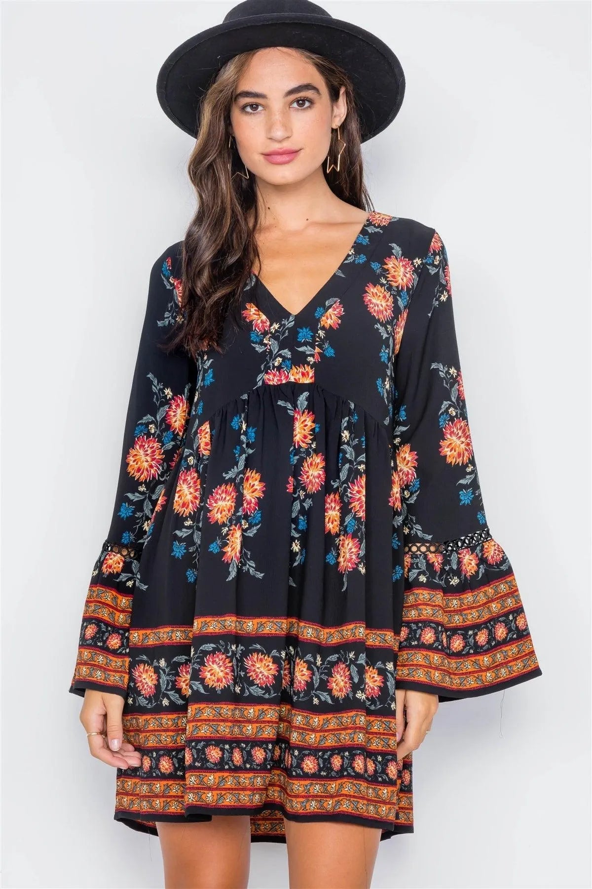 Black Floral Print V-Neck Loose Fit Boho Dress / 2-2-2