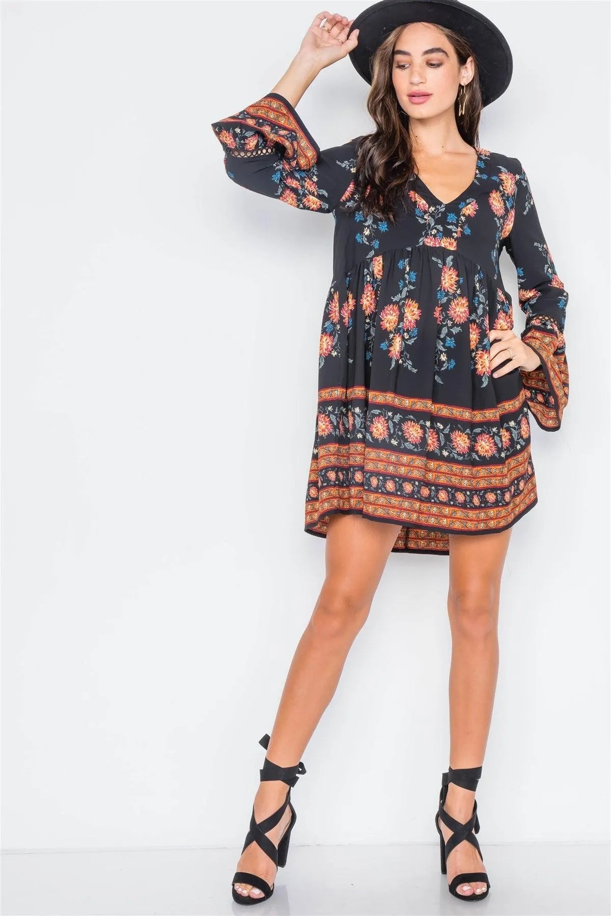 Black Floral Print V-Neck Loose Fit Boho Dress / 2-2-2