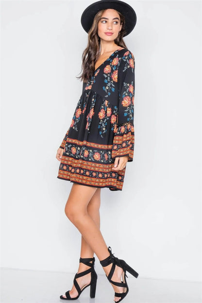 Black Floral Print V-Neck Loose Fit Boho Dress / 2-2-2