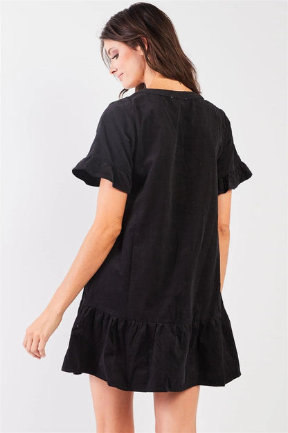 Black Corduroy V-Neck Short Ruffle Sleeve Dropped Waist Button Down Mini Dress /2-2-2