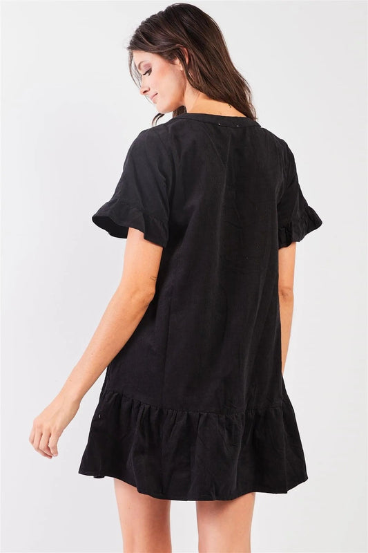 Black Corduroy V-Neck Short Ruffle Sleeve Dropped Waist Button Down Mini Dress /2-2-2