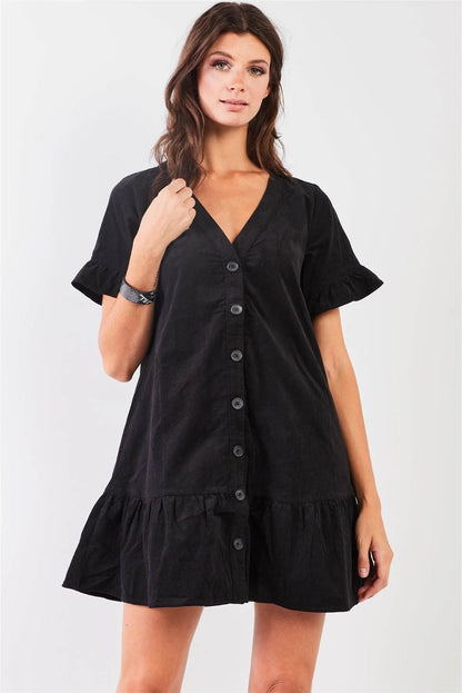 Black Corduroy V-Neck Short Ruffle Sleeve Dropped Waist Button Down Mini Dress /2-2-2