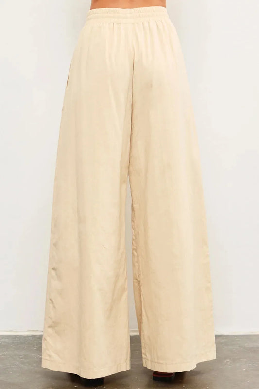 100% Cotton Elastic Waist Tie Front Wide Leg Palazzo Pants