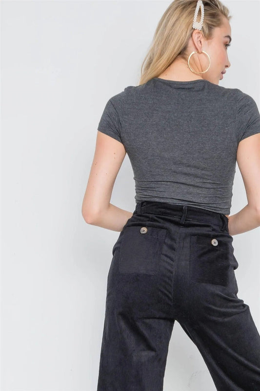 Black Corduroy Wide Leg Cropped Pants /2-2