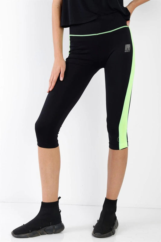 Black Green Contrast Stripe Active Sporty Leggings /5-5