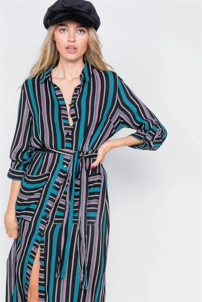 Black Combo Stripe Button Down Side Slit Midi Shirt Dress /2-2-2