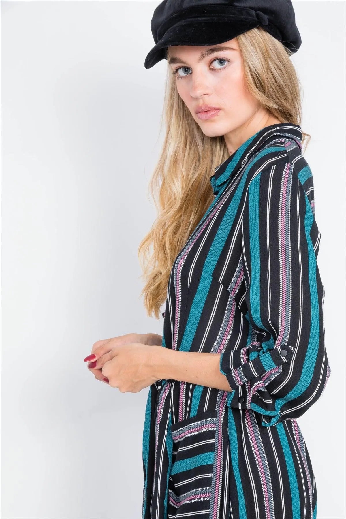 Black Combo Stripe Button Down Side Slit Midi Shirt Dress /2-2-2