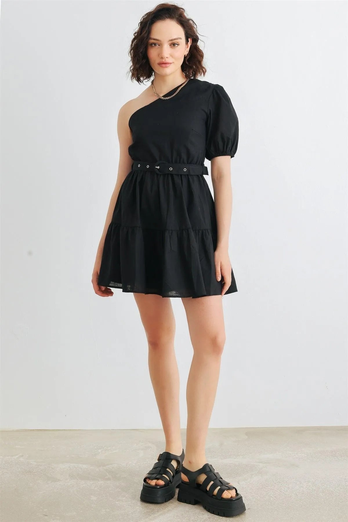 Black Cotton One Shoulder Belted Mini Dress /3-2-1