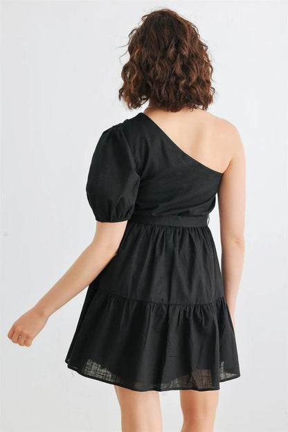 Black Cotton One Shoulder Belted Mini Dress /3-2-1