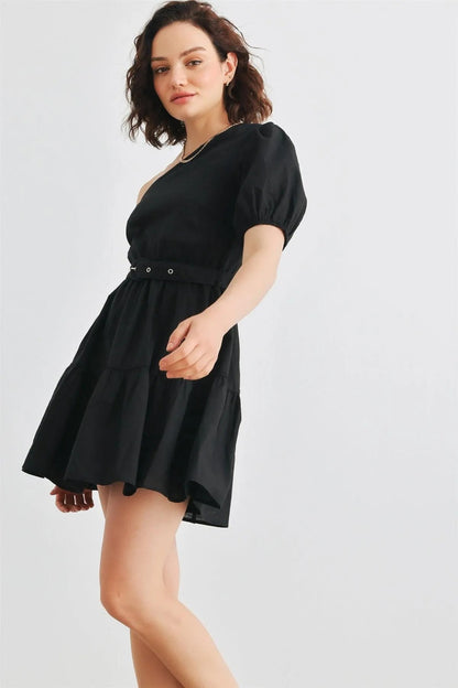 Black Cotton One Shoulder Belted Mini Dress /3-2-1