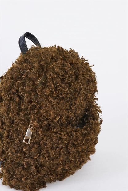 Adjustable Straps Fuzzy Faux Fur Teddy Plush Curly Fur Mini Backpack