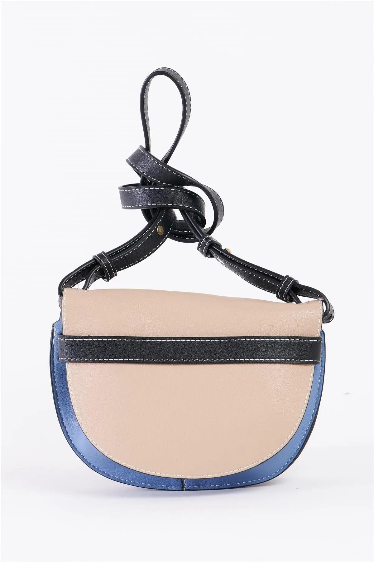 Beige Multi Faux Leather Front Bow Tie White Stitch Crossbody Bag /3 Bags