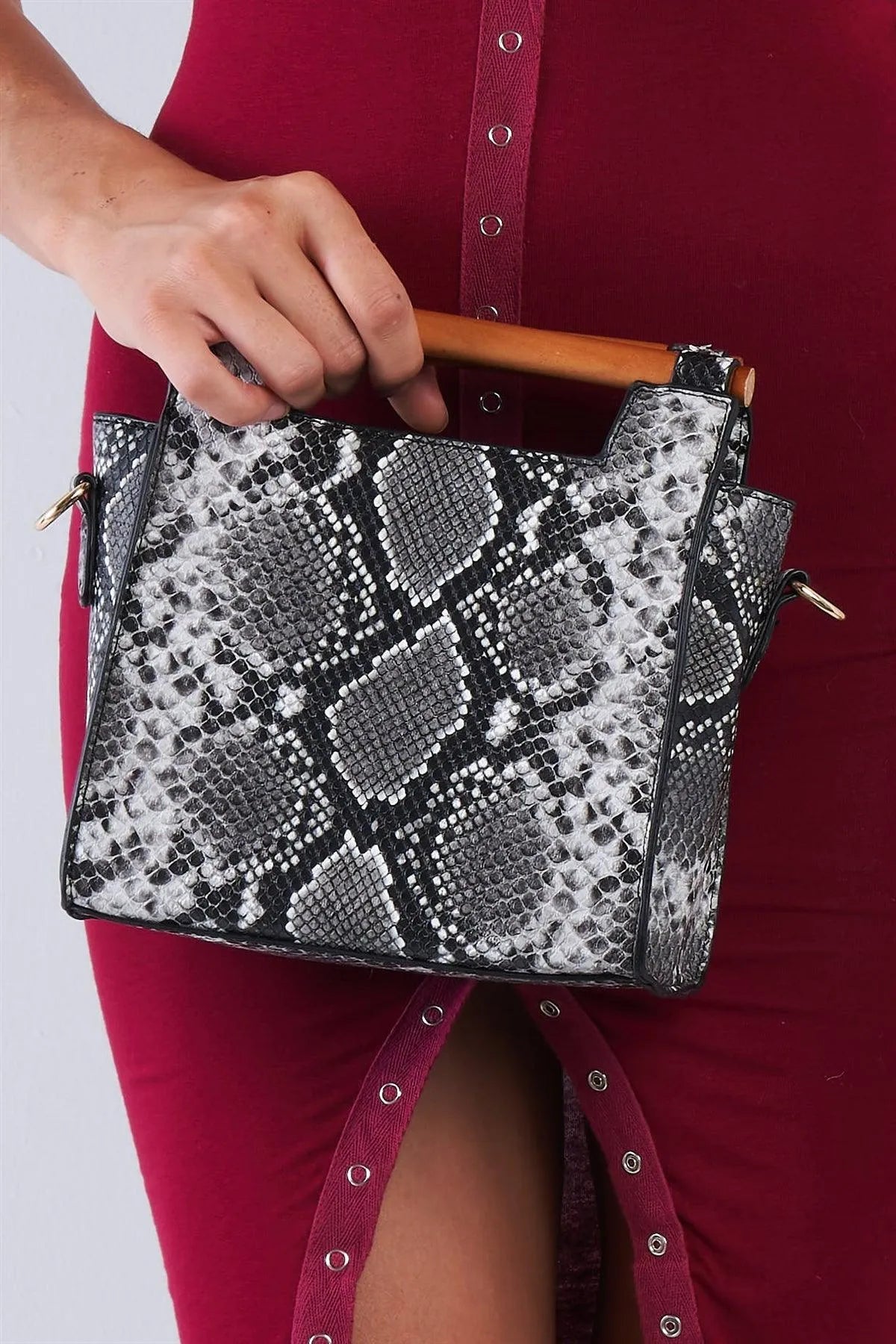 Black And White Vegan Python Snake Print Mini Handbag With Bamboo Trim /3 Bags