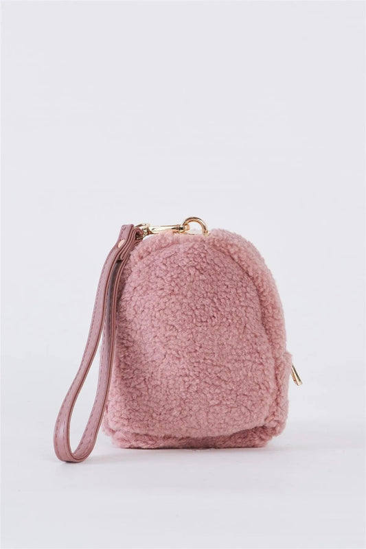 Baby Pink Faux Shearling Wristlet Mini Bag /3 Bags