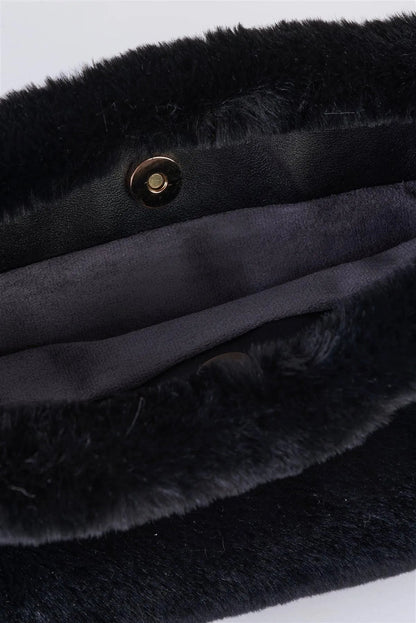 Black Faux Fur Hidden Magnetic Snap Button Closure Crossbody Bag / Clutch With Hidden Hand Strap Loop / 1 Bag