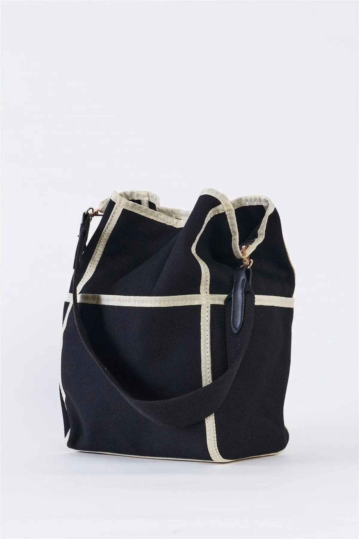 Black Canvas Hardware Belt Detail Shoulder Strap Tote Bag /3 Bags