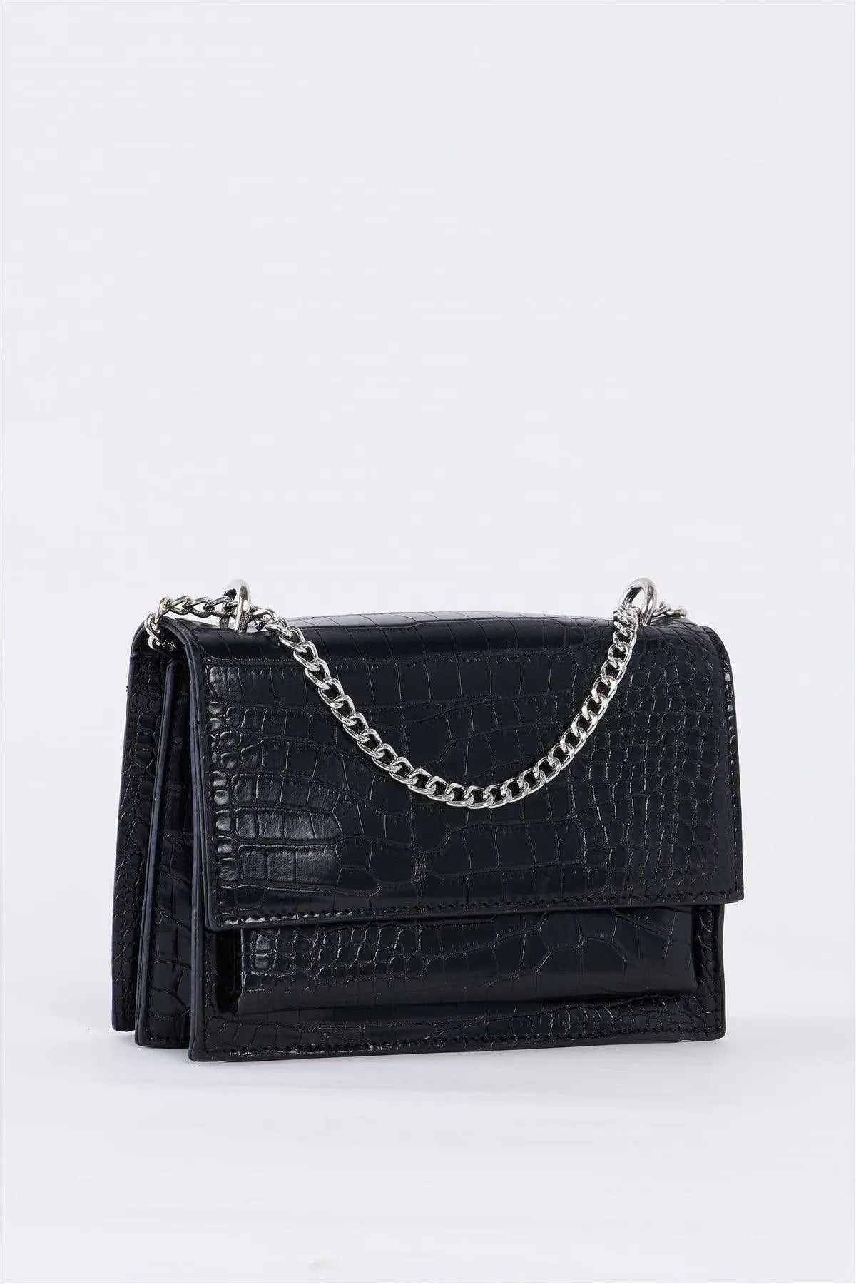 Black Croc Vegan Leather Glamorous Crossbody Chain Bag /3 Bags
