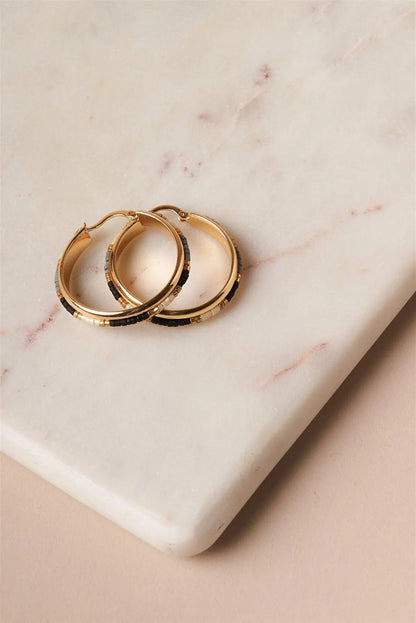 Black And Grey Beaded Accent Gold Hoop Earrings /3 Pairs