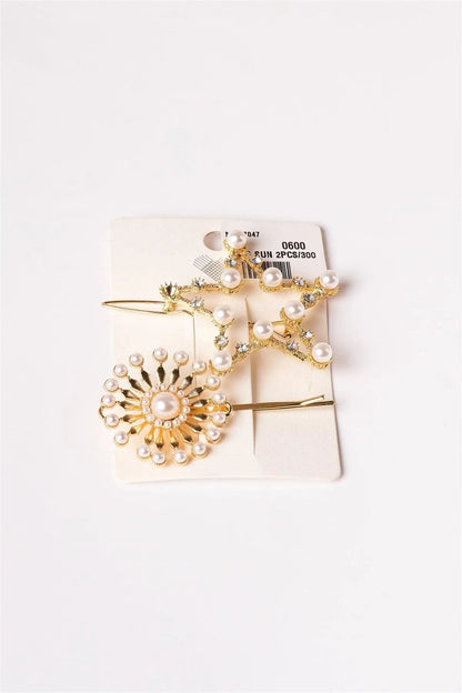2pcs Gold Pearl Rhinestone Star Hair Bobby Pins