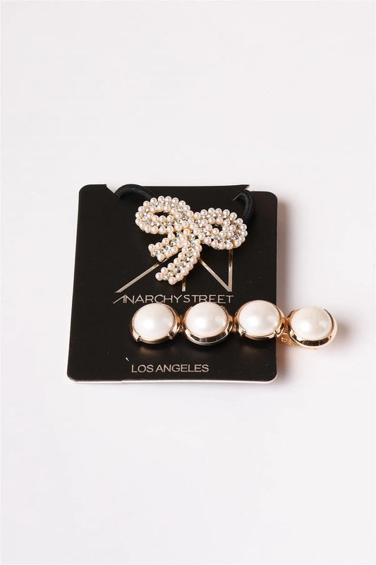 12pcs Pearl Bow Tie Pony Tail Gold Pearl Barrette