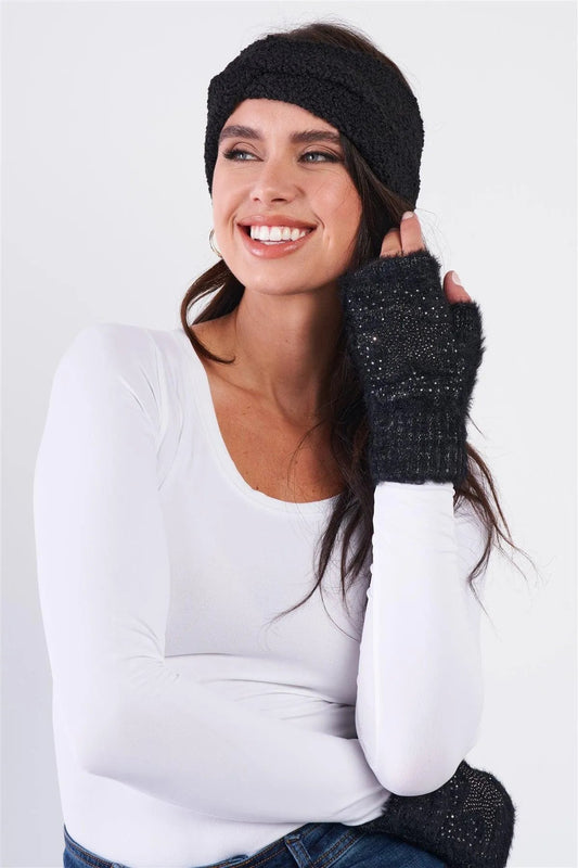 Black Faux Shearling Fur Turban Twist Winter Headband /3 Pieces