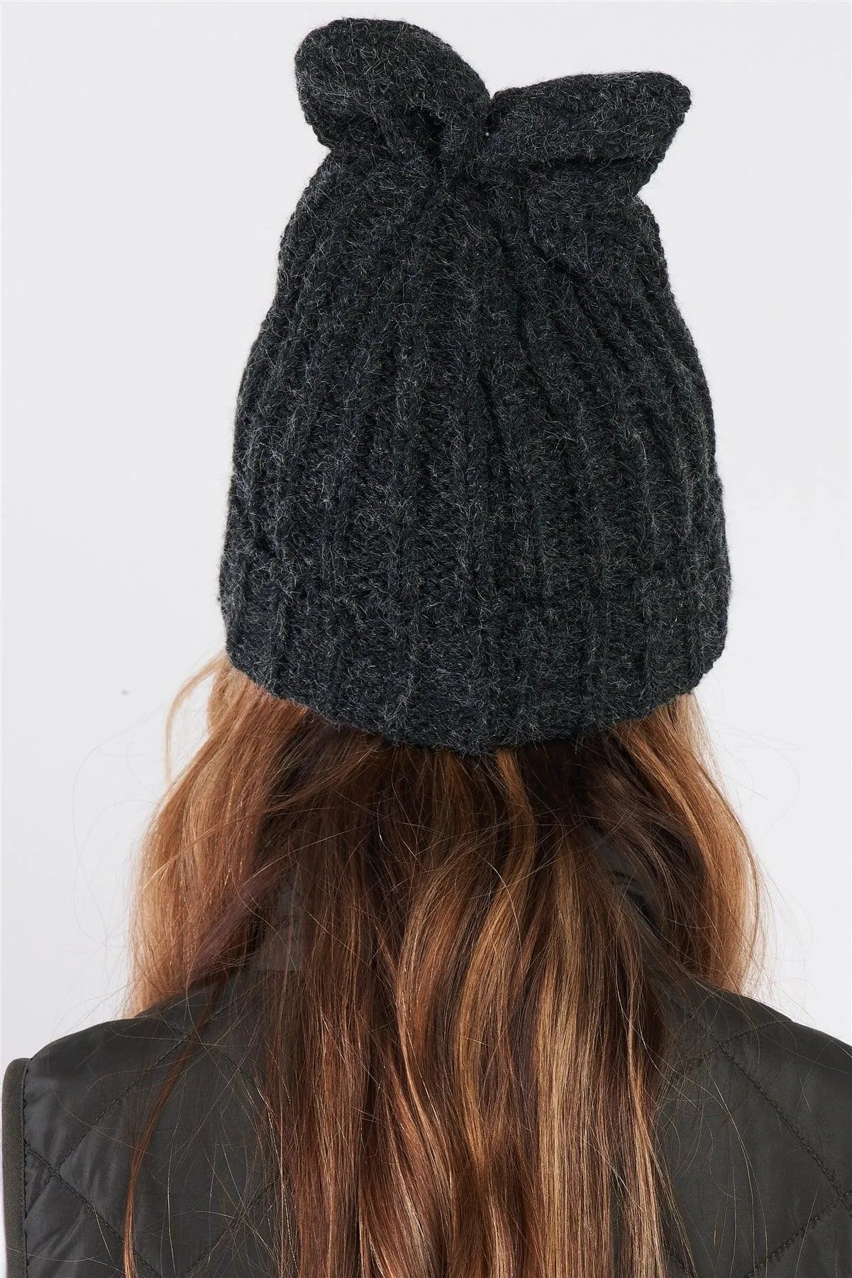 Black Bunny Ears Detail Woven Winter Beanie /3 Pieces
