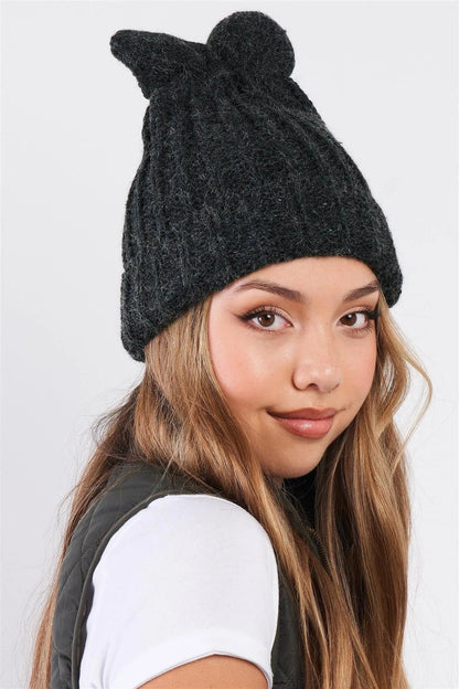 Black Bunny Ears Detail Woven Winter Beanie /3 Pieces