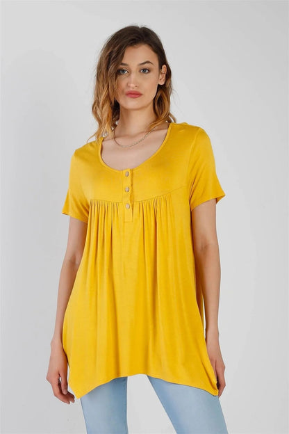 Ash Yellow Button Up Detail Handkerchief Hem Short Sleeve Top /1-2-2-1