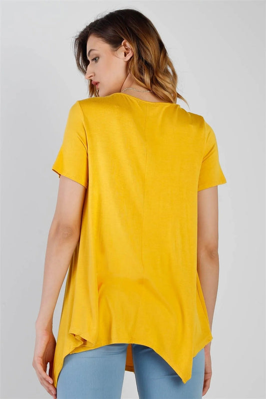 Ash Yellow Button Up Detail Handkerchief Hem Short Sleeve Top /1-2-2-1