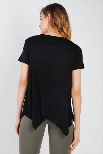 Black Button Up Detail Handkerchief Hem Short Sleeve Top /1-2-2-1