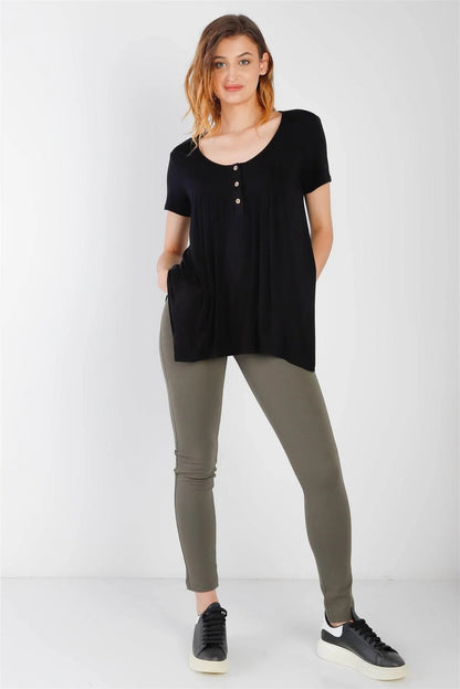 Black Button Up Detail Handkerchief Hem Short Sleeve Top /1-2-2-1