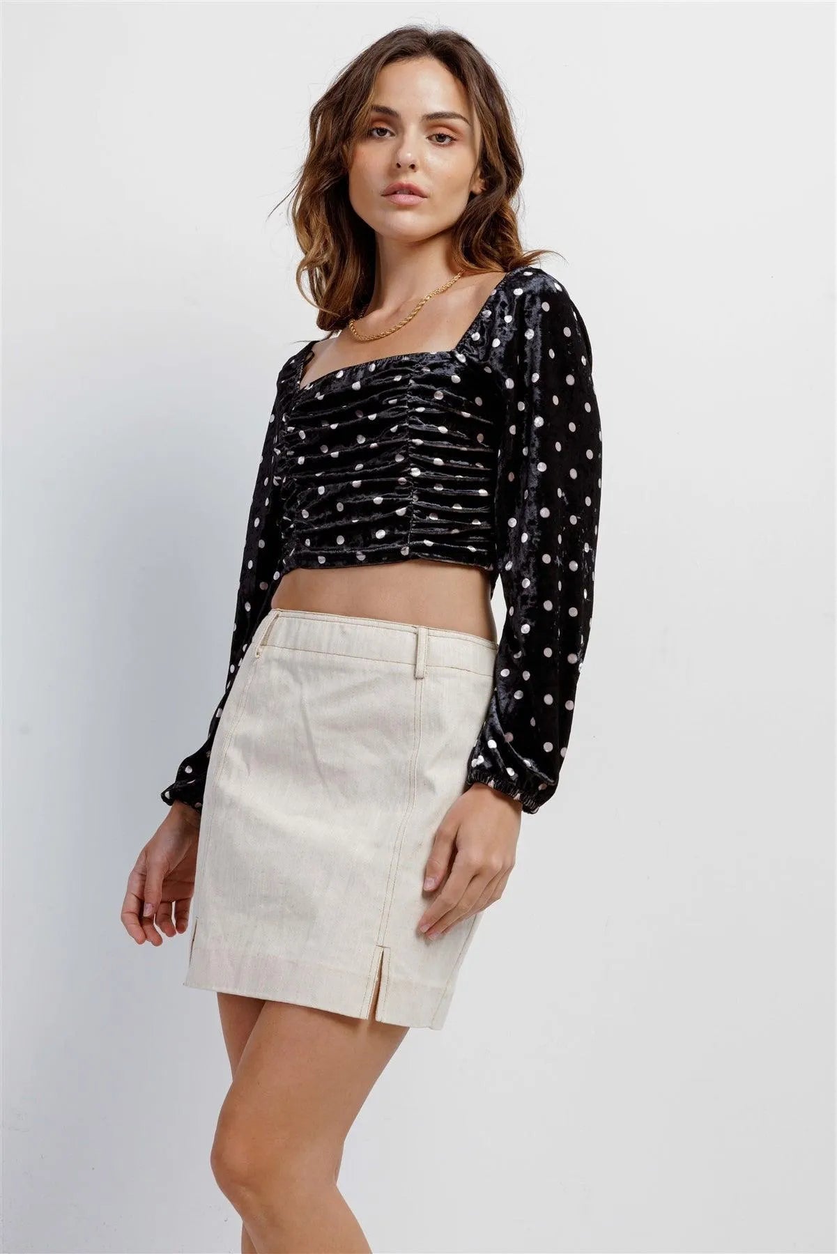 Black Cream Polka Dot Velvet Ruched Crop Top /4-2-1