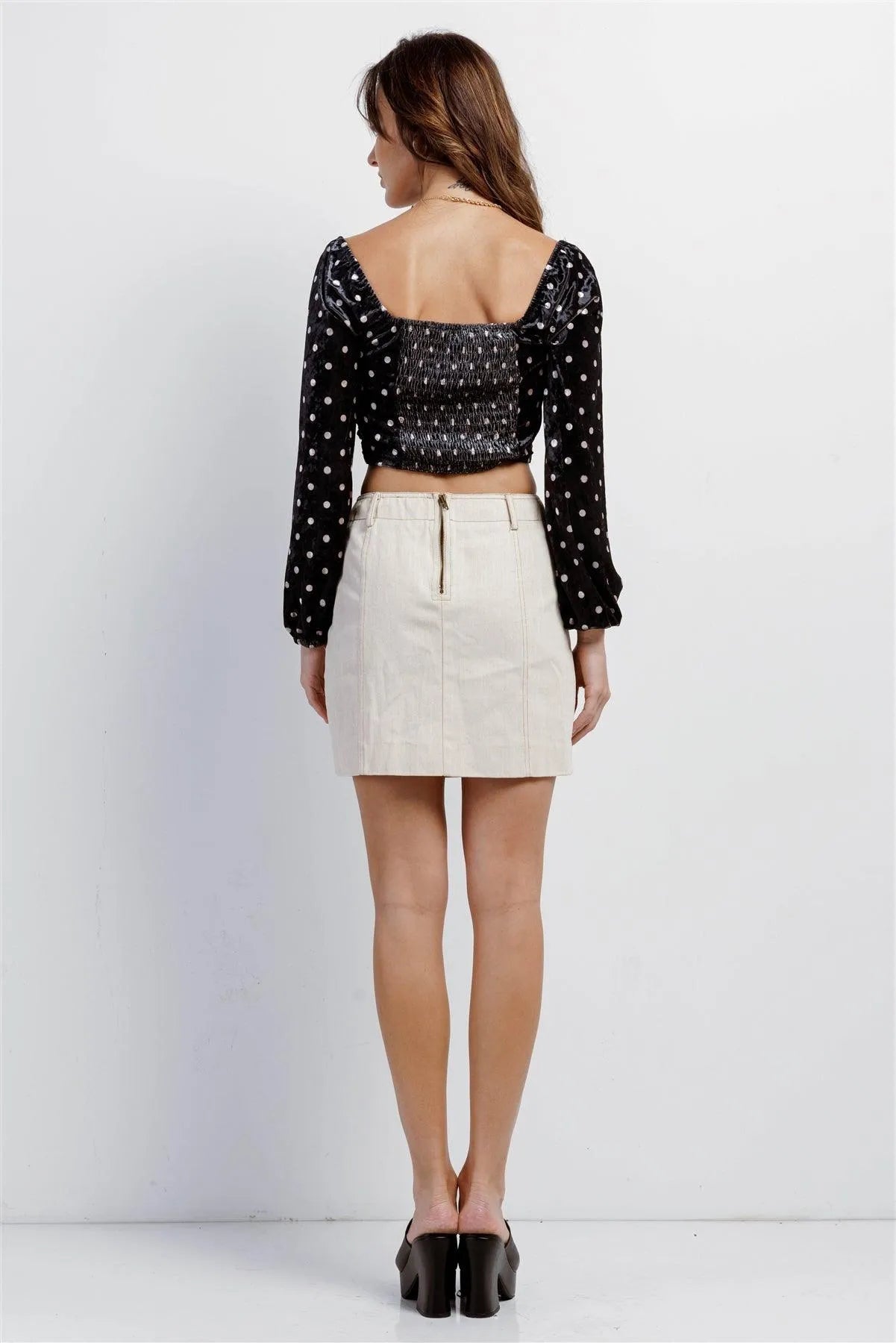 Black Cream Polka Dot Velvet Ruched Crop Top /4-2-1