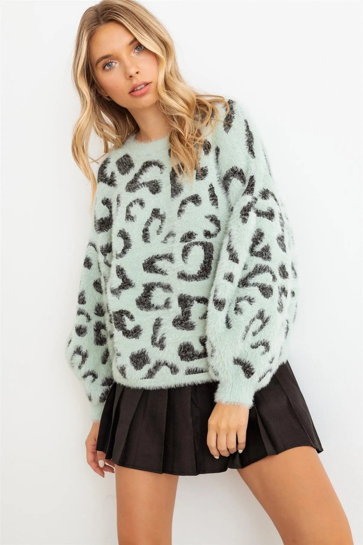 Animal Print Fuzzy Knit Long Sleeve Sweater