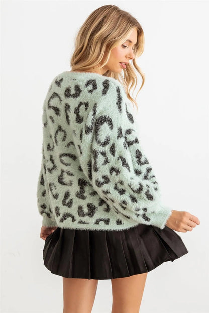 Animal Print Fuzzy Knit Long Sleeve Sweater