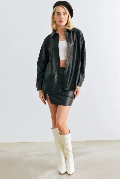 Black Faux Leather Textured Button-Up Collared Neck T-Shirt /1-2-2-1