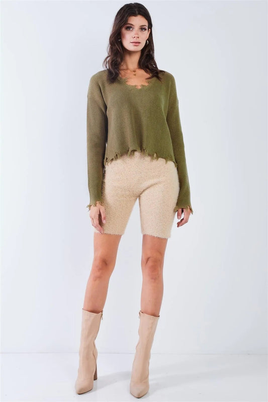 Beige Knit High Waist Stretchy Fuzzy Biker Shorts /3-2-1