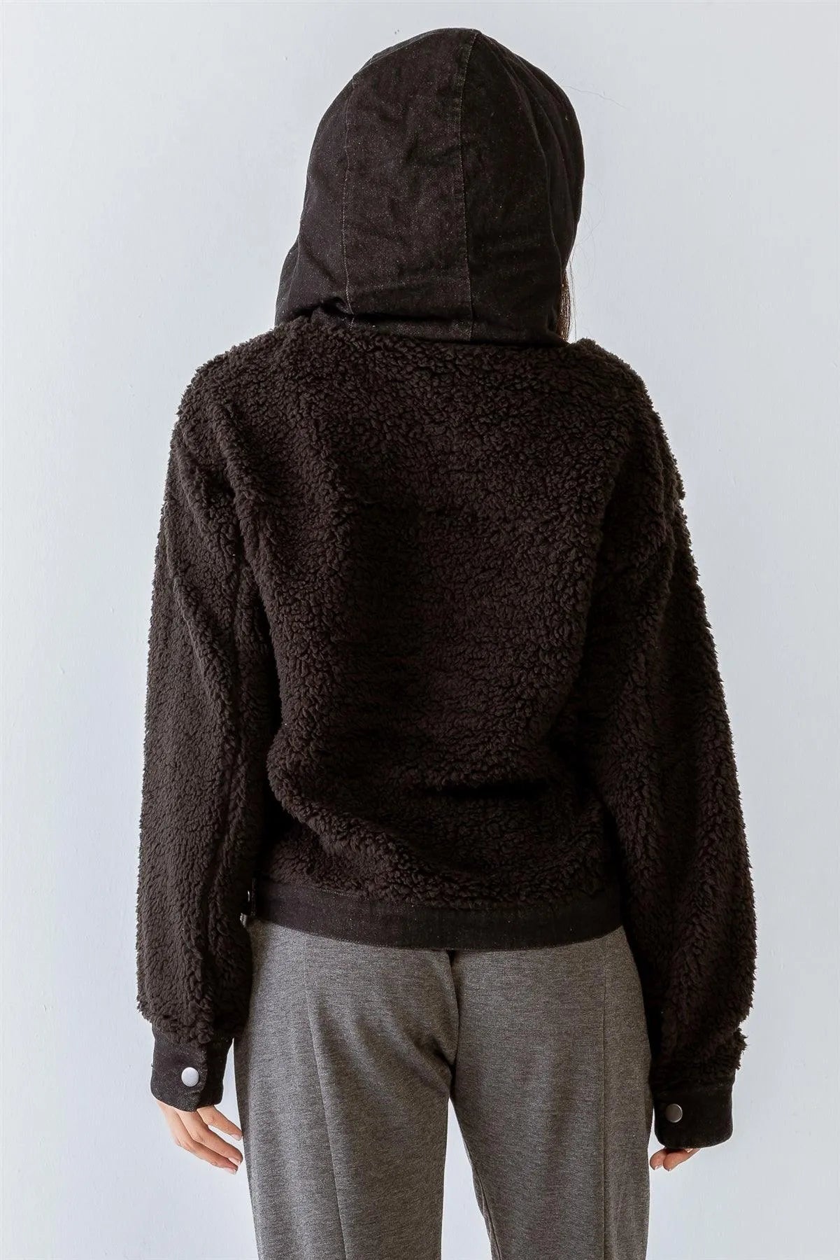 Black Button-Up Long Sleeve Hooded Teddy Jacket /2-2-2