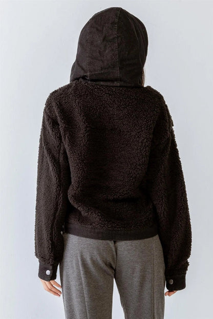 Black Button-Up Long Sleeve Hooded Teddy Jacket /2-2-2