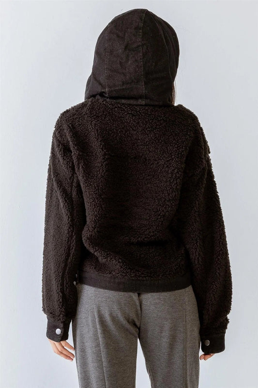 Black Button-Up Long Sleeve Hooded Teddy Jacket /2-2-2