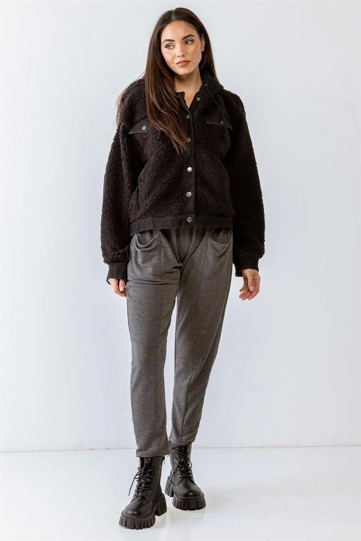 Black Button-Up Long Sleeve Hooded Teddy Jacket /2-2-2